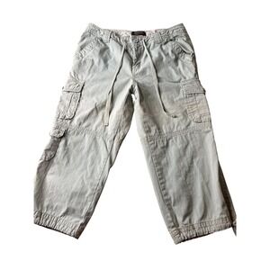 Eddie Bauer Womens 8 Cargo Capri Pants Sage Green Cotton Drawstring Utility Wide